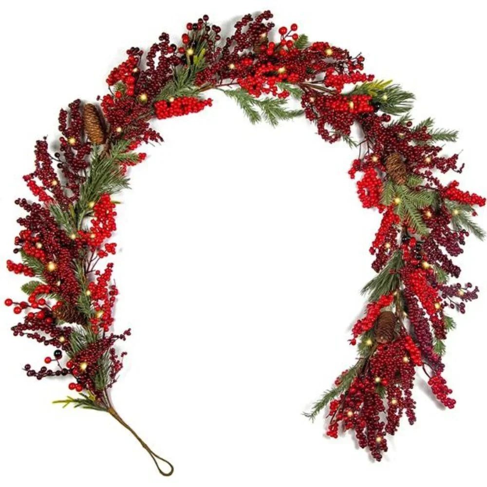 Red Berry Garland w/ LED Lights and Timer 6.5ft Christmas Garland for Front Door